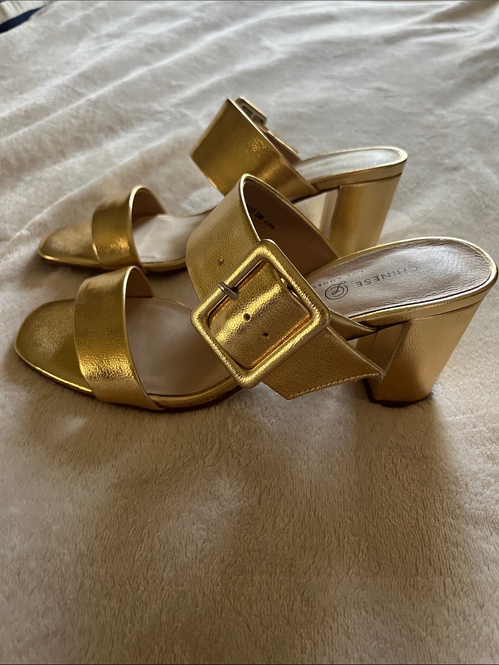 Chinese Laundry Metallic Gold Buckle Block Heel Mules